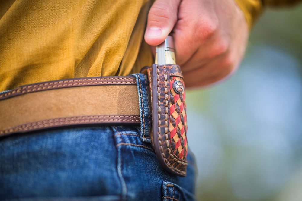 "Cusa" Knife Sheath Brown/Red/ Grey Embossed Leather