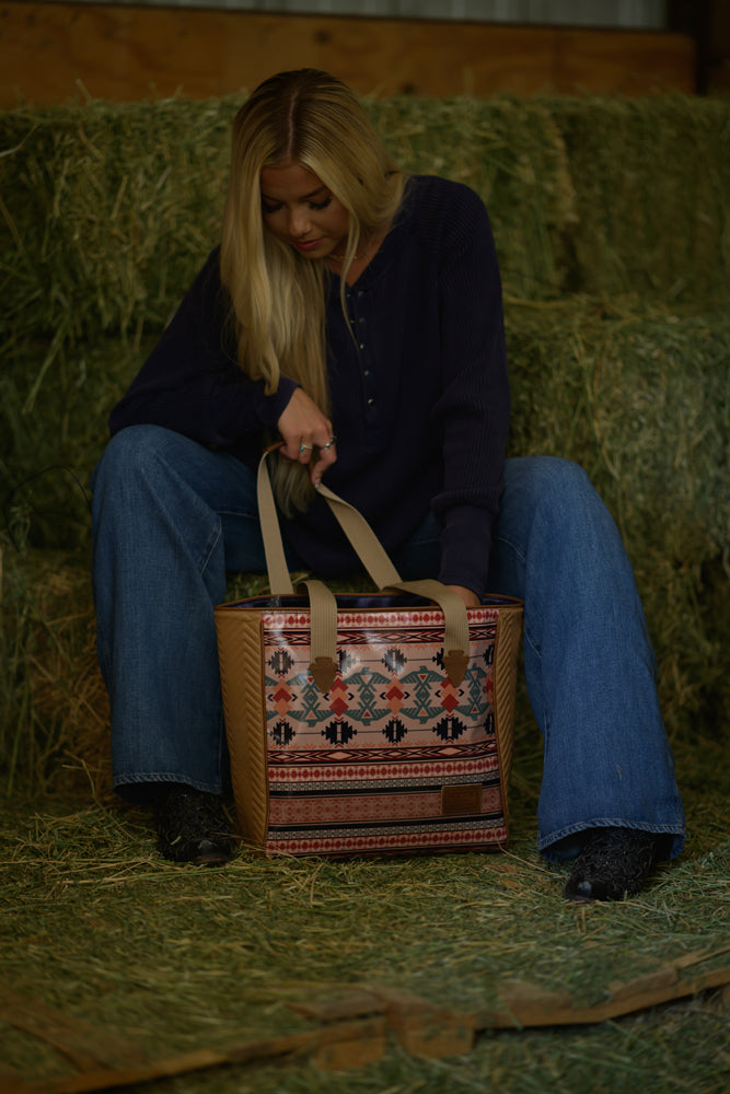 "Thunderbird" Tan/Navy Chevron & Striped Pattern Classic Tote Purse