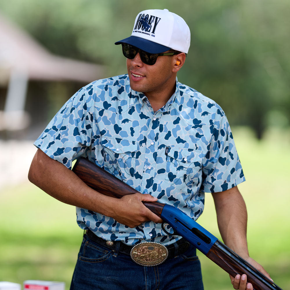 "Sol" Short Sleeve Pearl Snap Shirt Blue Camo