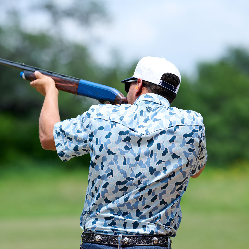 "Sol" Short Sleeve Pearl Snap Shirt Blue Camo