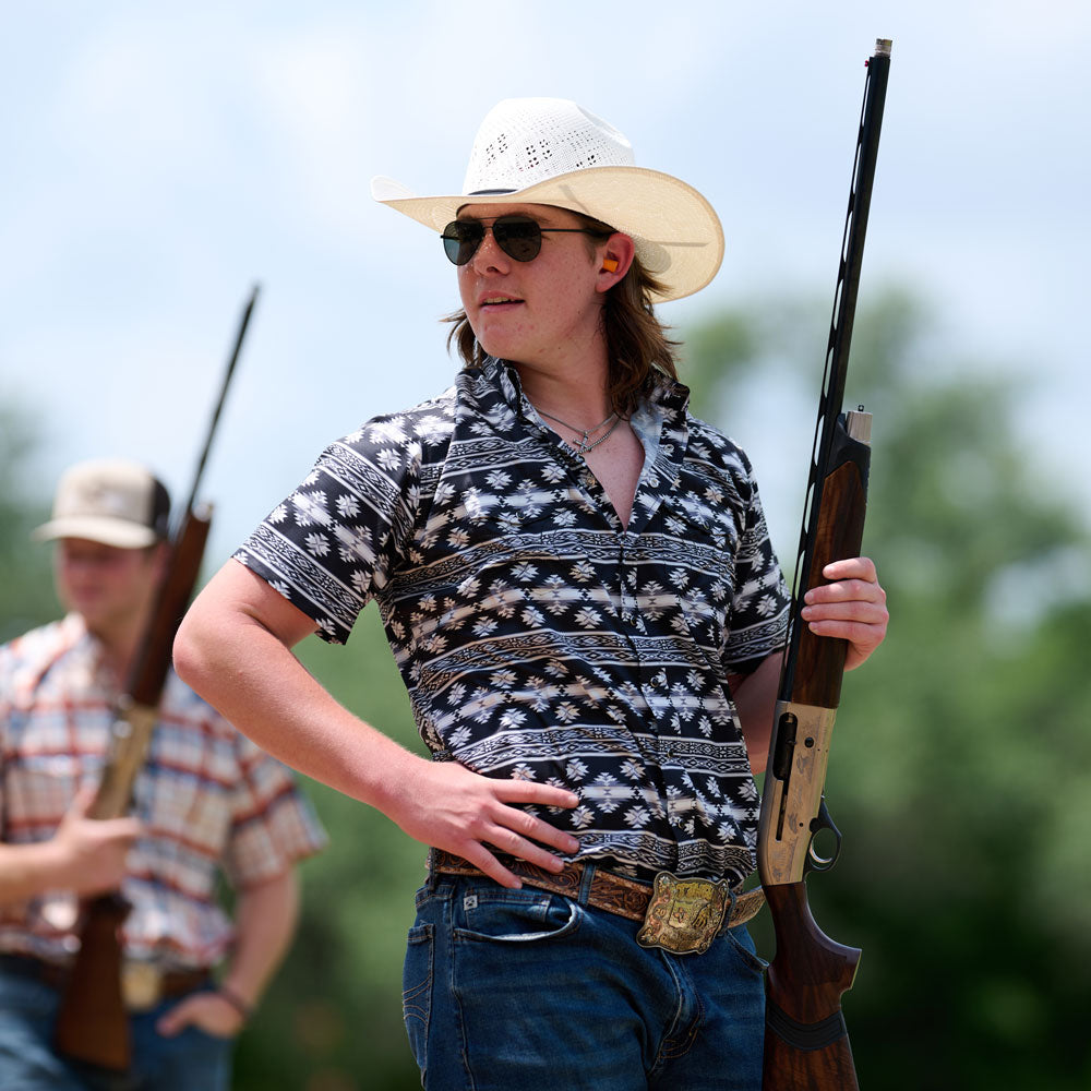 "Sol" Short Sleeve Pearl Snap Shirt Black/Aztec