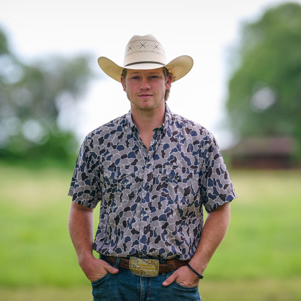 "Sol" Short Sleeve Pearl Snap Shirt Grey Camo