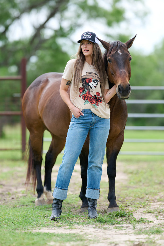 "De La Rosa" T-shirt Tan w/ Multi Color Art work