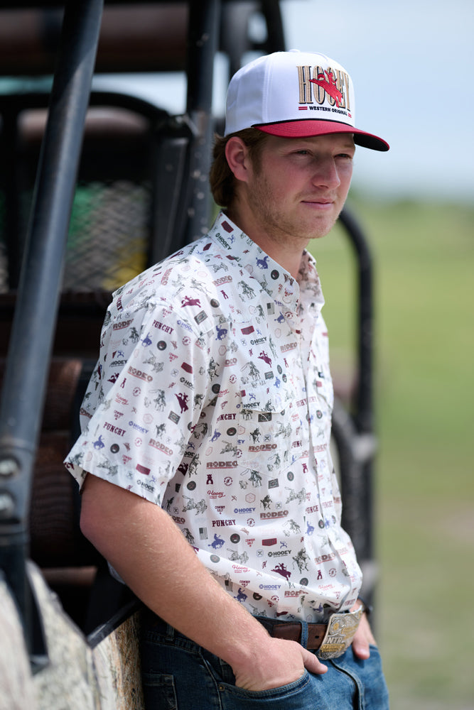 "Maverick" Short Sleeve Button Up Shirt White w/Rodeo print