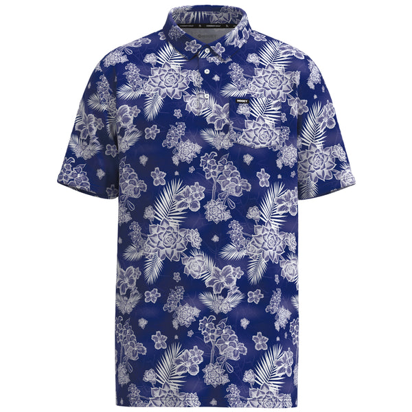 blue hooey golf polo with white floral pattern