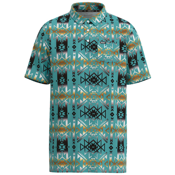 Turquoise, hooey, golf polo with black, white, gold Aztec pattern