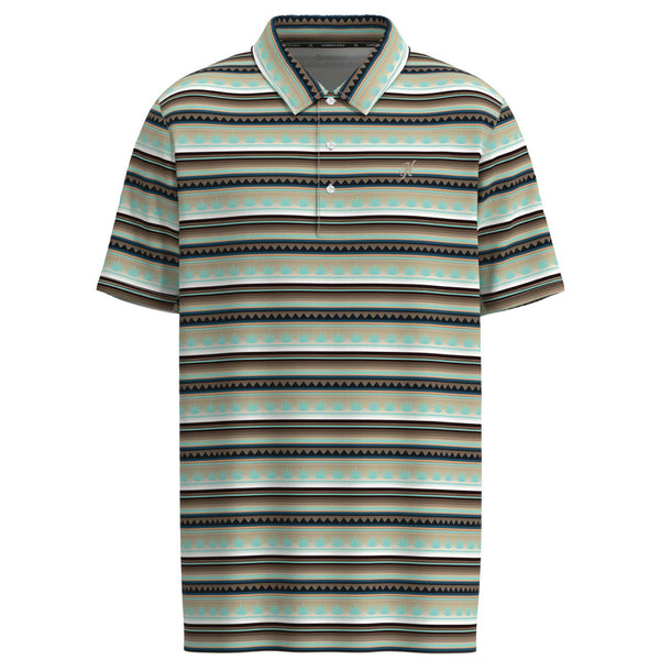 Hooey golf polo with turquoise, black, white, tan striped pattern