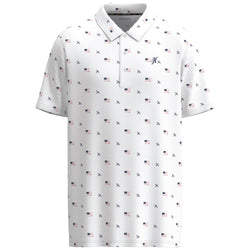 White Hooey Golf polo with American flag and Hooey golfer logo micro pattern
