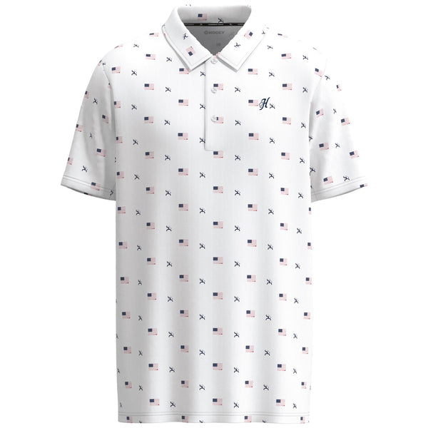 White Hooey Golf polo with American flag and Hooey golfer logo micro pattern