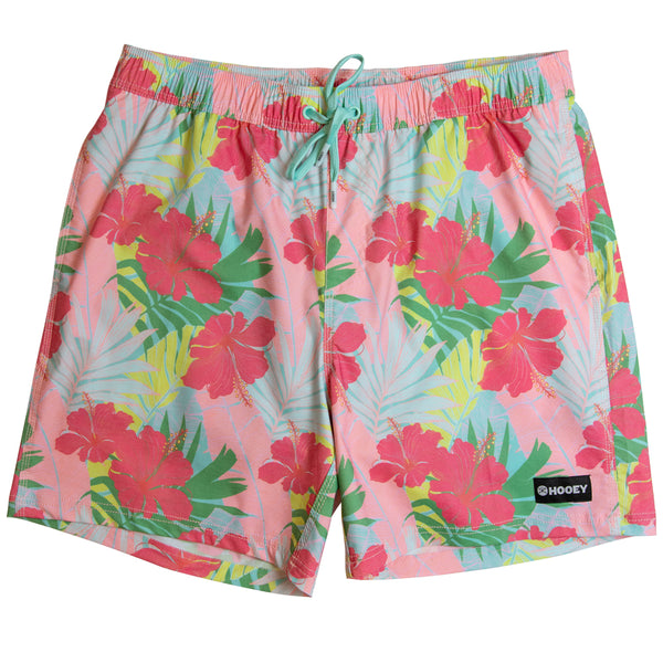 pink with Hawaiian floral pattern board shorts