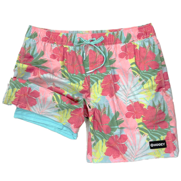 pink with Hawaiian floral pattern board shorts with folded leg