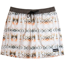 white white orange, grey, and and brown Aztec pattern board shorts