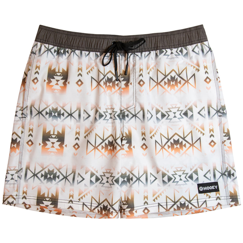 white white orange, grey, and and brown Aztec pattern board shorts