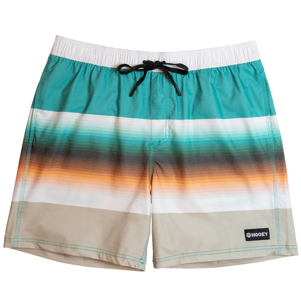blue, white, orange, tan striped pattern board shorts