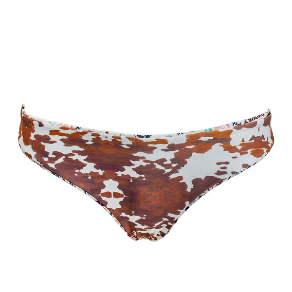 brown and white, cow print, women's swim wear bottoms