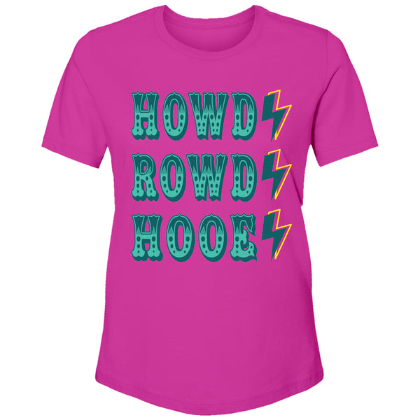 Hot pink Howdy, Rowdy, Hooey women's tee with turquoise, grey, yellow artwork