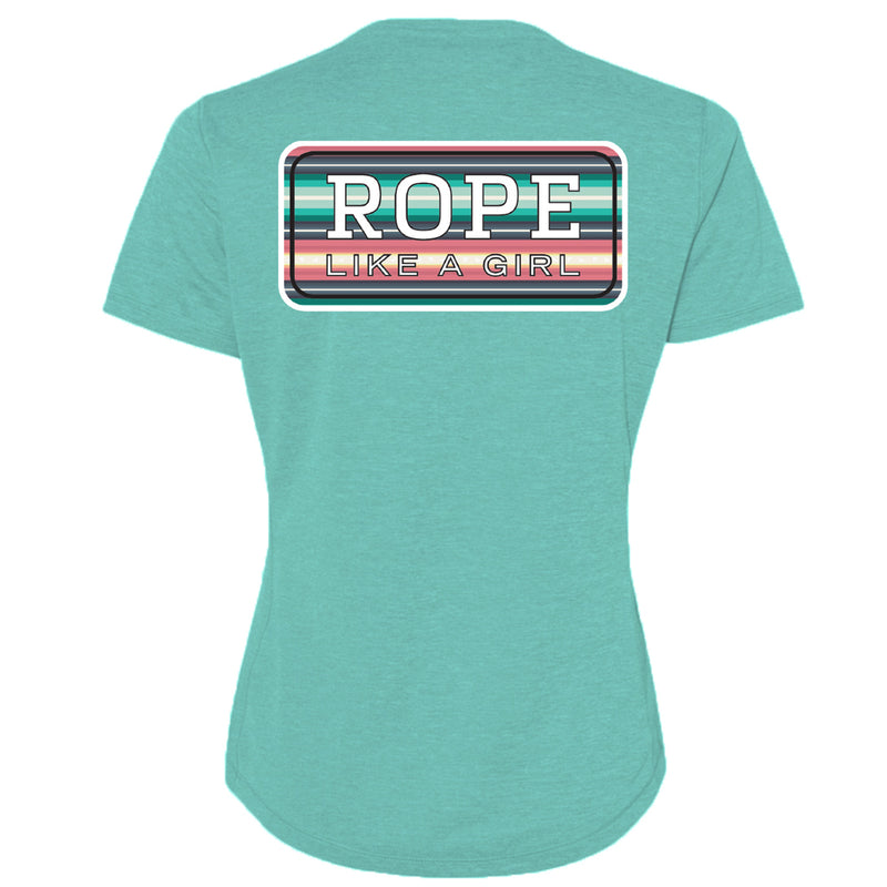 Bodega t-shirt in turquoise with teal and peach serape rope like a girl block logo