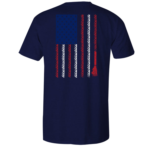 back of the liberty roper navy tee with red white and blue flag