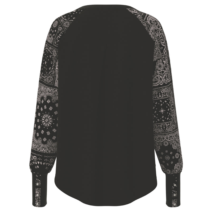back of the black henley with black and white bandana pattern on sleeve