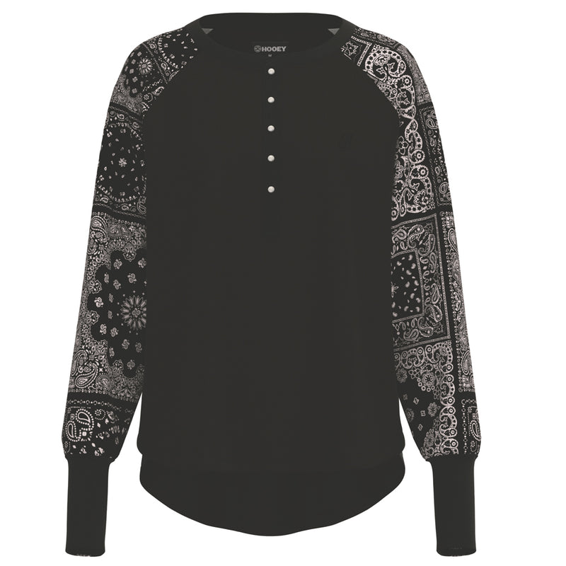 front of the black henley with black and white bandana pattern on sleeve