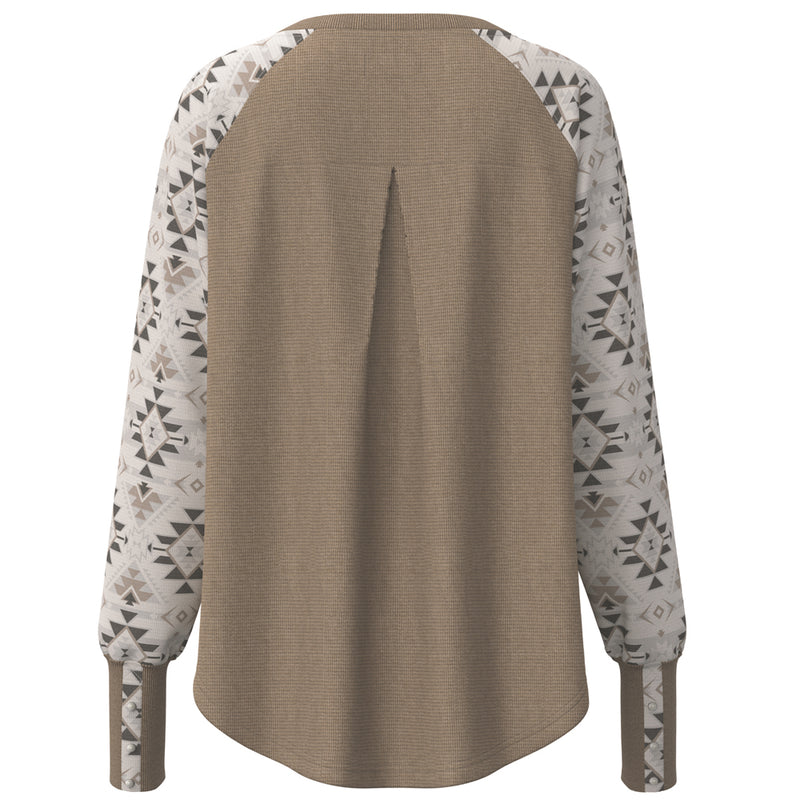 Ladies Henley Tan w/ Aztec Pattern Long Sleeve Thermal Shirt – Hooey