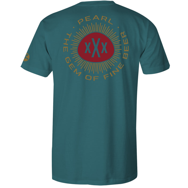 Pearl tee in heather teal with red and mustard artwork