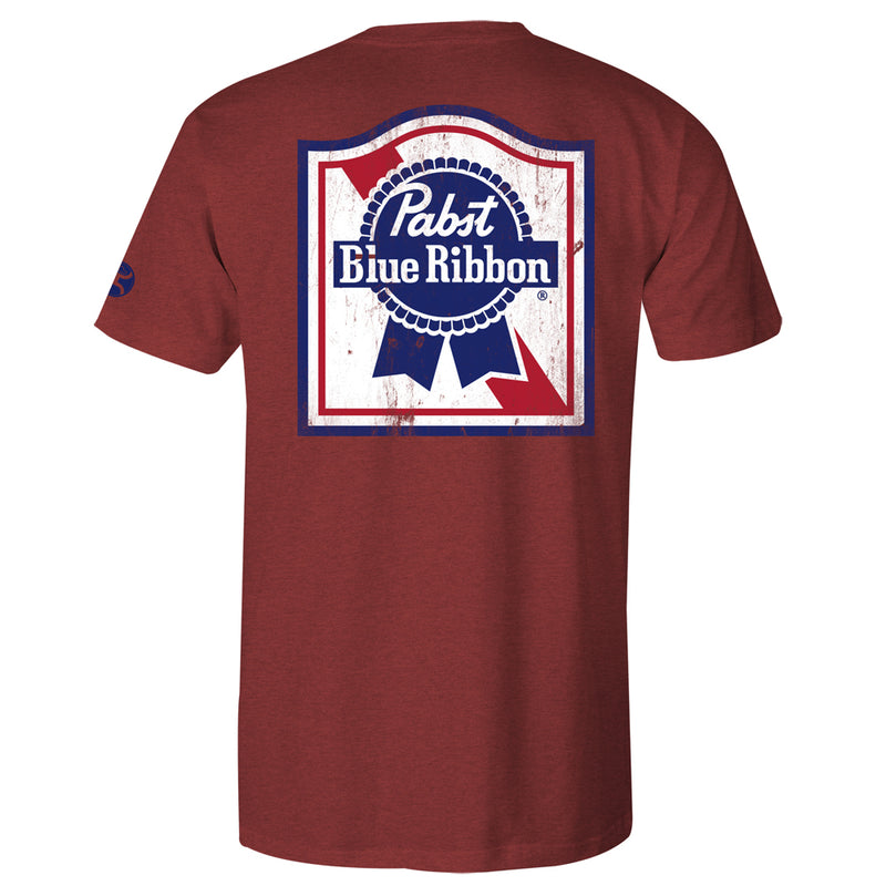 Pabst Blue Ribbon crimson tee with white, blue, and red logo block