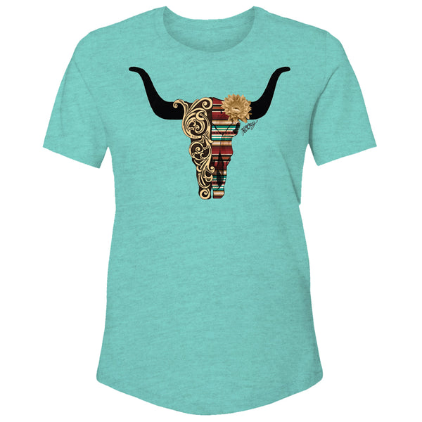 Yuma turquoise heather tee with tan floral and serape skull