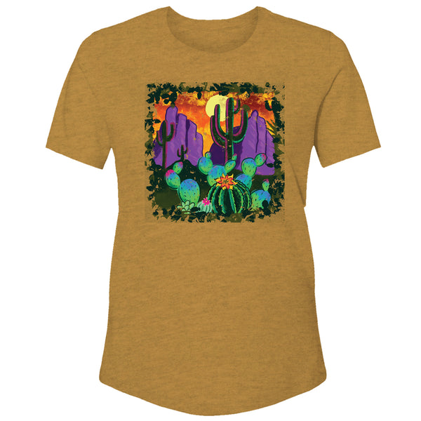 front view of the youth blazing sunset Heather sunset t-shirt with colorful artwork printed on the front
