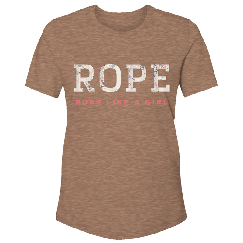 RLAG heather light brown t-shirt with white and pink logo