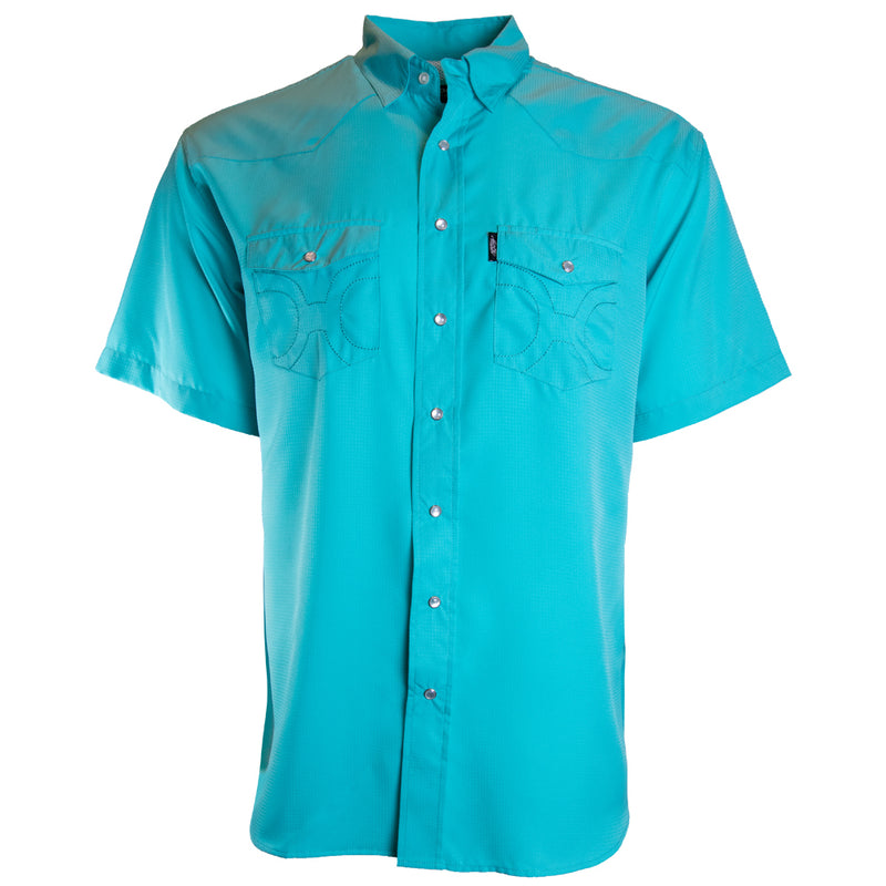 front of men's sol shirt in light blue with short sleeves