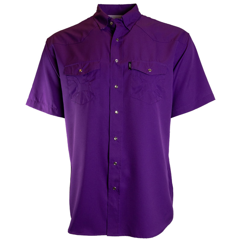 front of men's sol shirt in purple with short sleeves