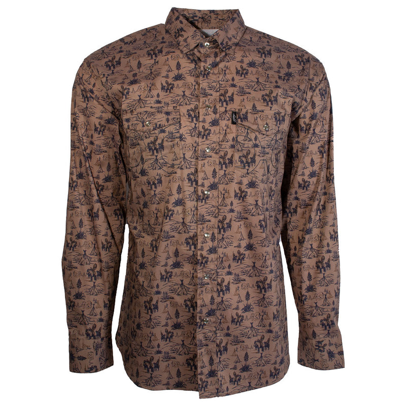 "Dos Sol" Long Sleeve Pearl Snap Shirt Tan w/Pattern All Over