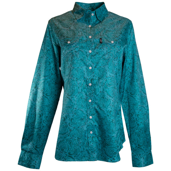 the front of the turquoise, bandana pattern, pearl sap, long sleeve, SOL shirt.