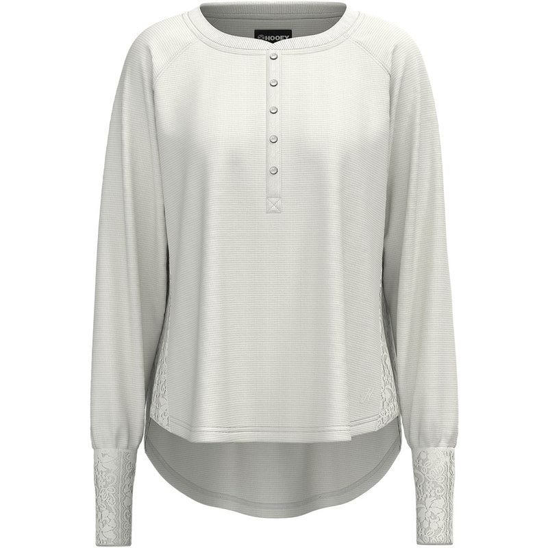 "Ladies Henley" White w/Lace Detailing Long Sleeve Thermal Shirt