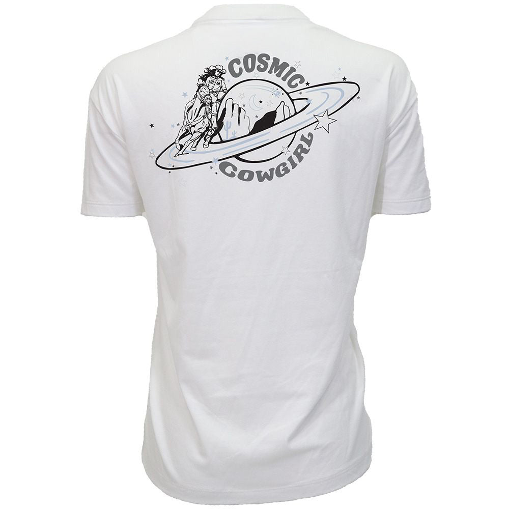 "Cosmic Cowgirl"  Off White w/Black & Blue Logo T-shirt