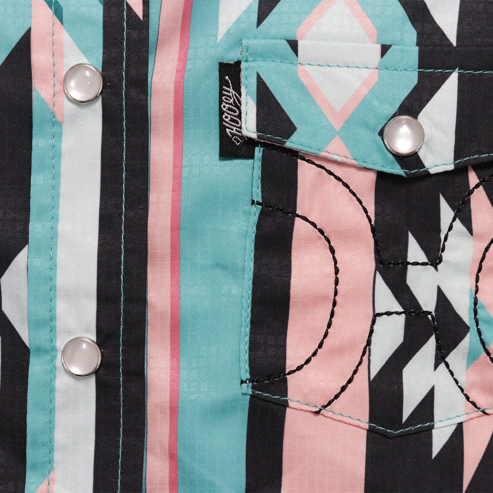 "Sol" Ladies Long Sleeve Pearl Snap Shirt Black/Teal/Pink Aztec