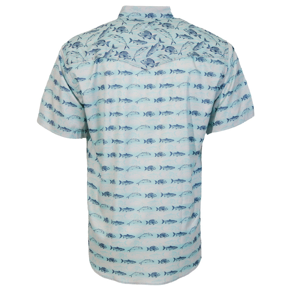 "Sol" Short Sleeve Pearl Snap Shirt Cloud Blue w/ Snapper Fish Pattern