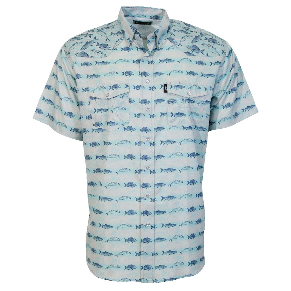 "Sol" Short Sleeve Pearl Snap Shirt Cloud Blue w/ Snapper Fish Pattern
