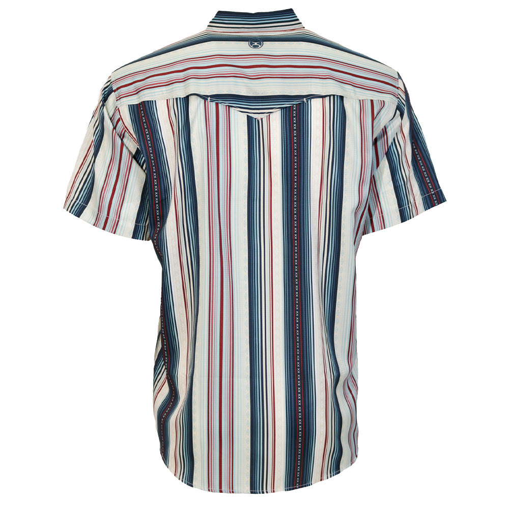 "Sol" Short Sleeve Pearl Snap Shirt Grey w/ Red & Blue Stripes