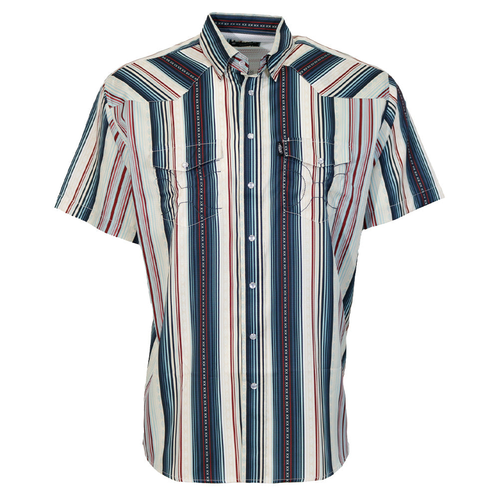 "Sol" Short Sleeve Pearl Snap Shirt Grey w/ Red & Blue Stripes