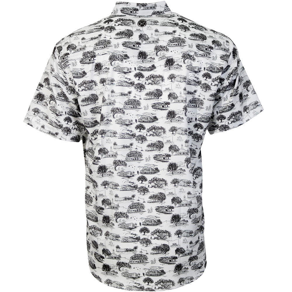 "Sol" Short Sleeve Pearl Snap Shirt White w/ Texas Dance Hall Print