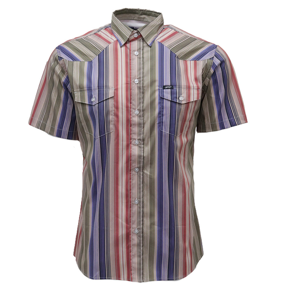 "Maverick" Short Sleeve Button Up Shirt Tan/Multi-color Stripes