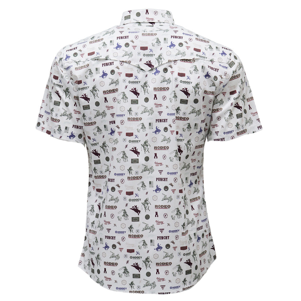 "Maverick" Short Sleeve Button Up Shirt White w/Rodeo print