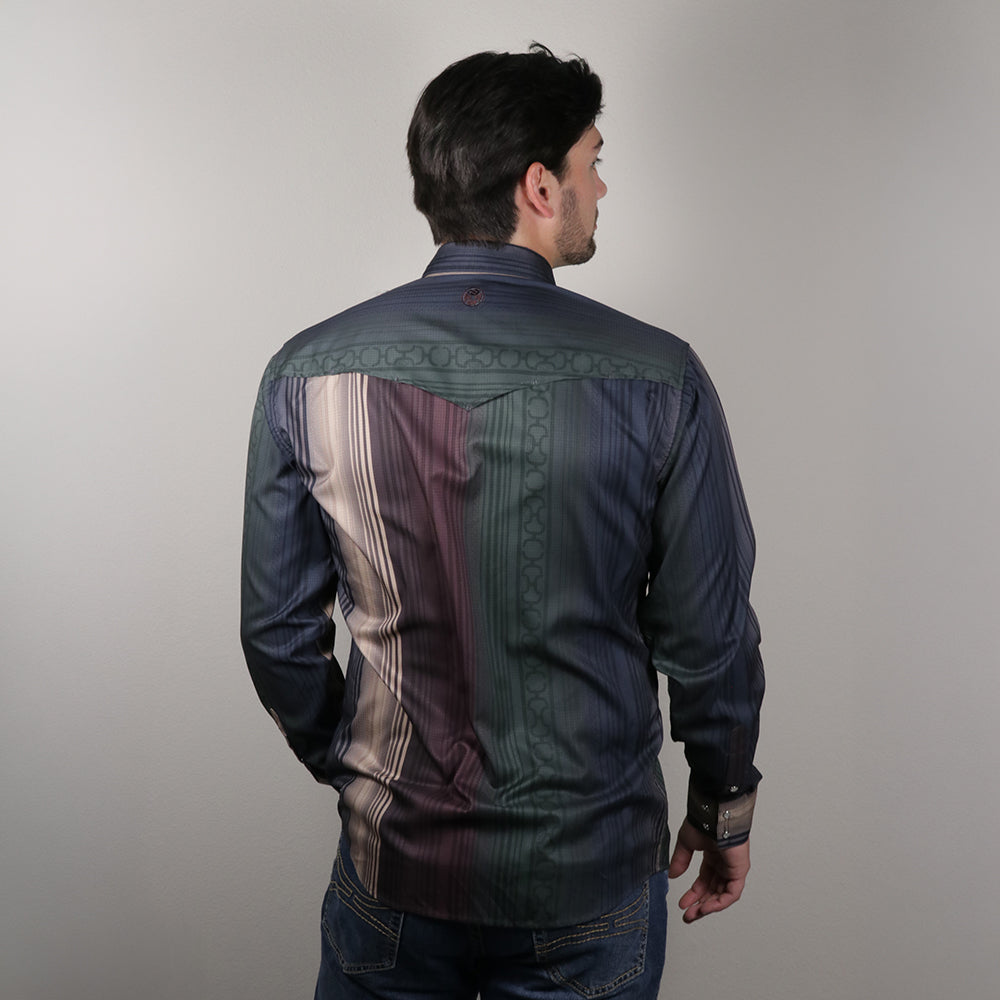 Sol Long Sleeve Pearl Snap Shirt Green & Maroon Striped