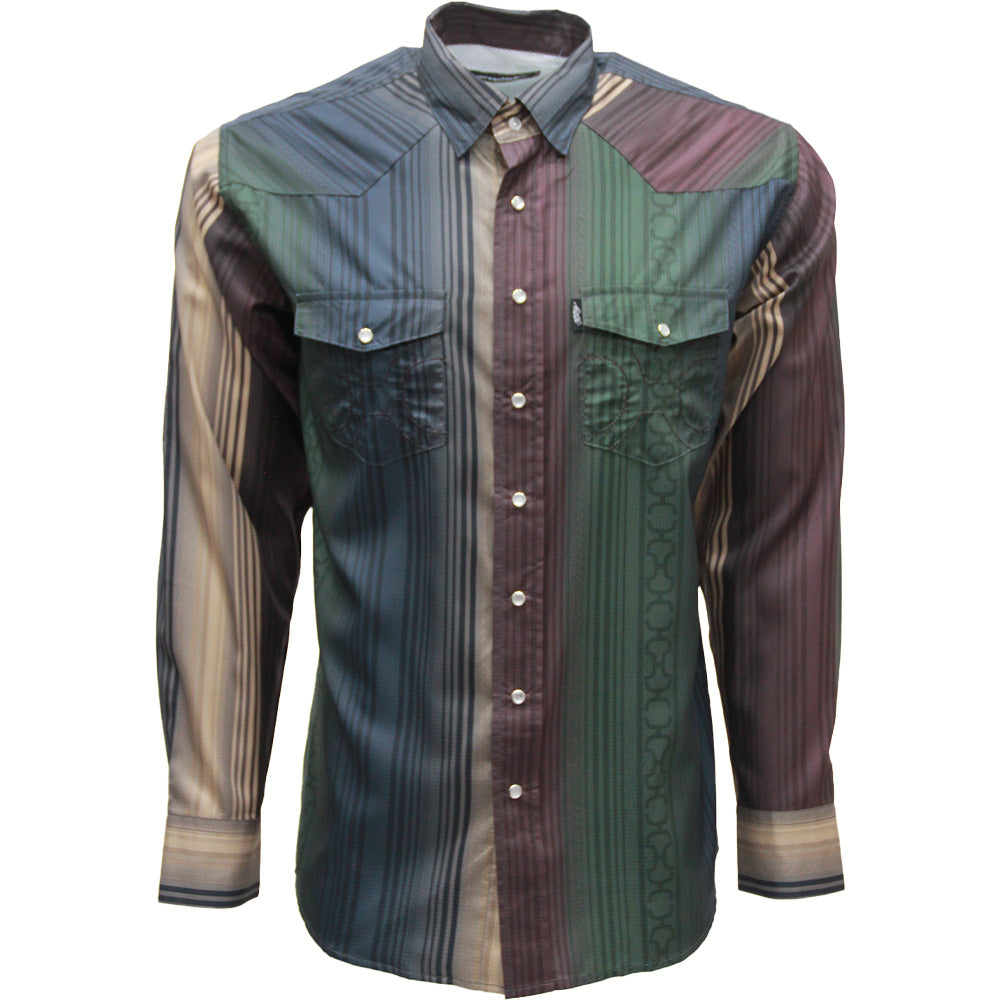 Sol Long Sleeve Pearl Snap Shirt Green & Maroon Striped