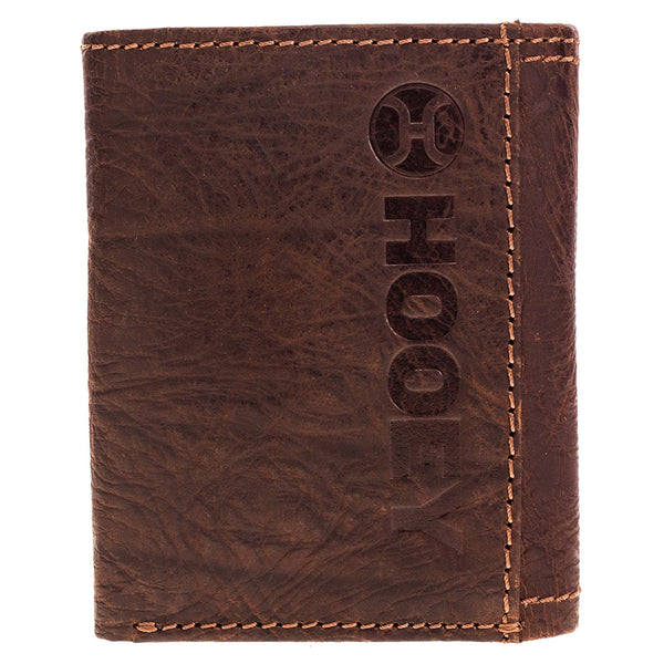 back of Hooey wallet with Hooey logo stamp and red, white, blue logo on front