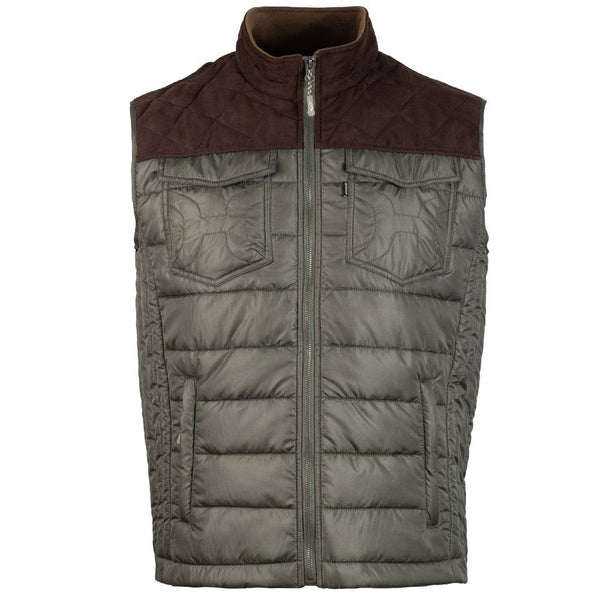 olive and brown packable puffer vest, front view
