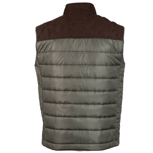 olive and brown packable puffer vest, back view