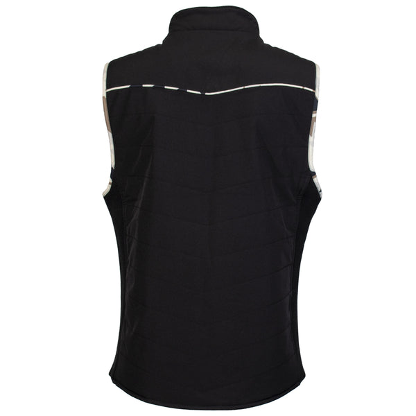 back of black and white vest